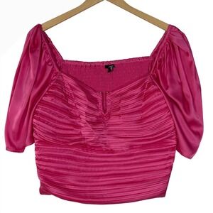 Express Womens XL Pink Ruched Puff Sleeve Crop Top Smocked Coquette New